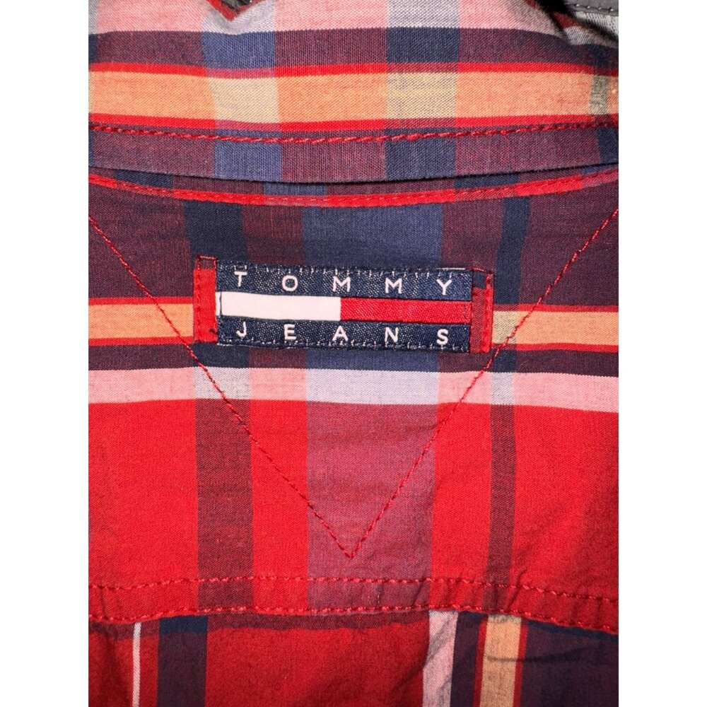 Tommy Hilfiger Jeans Red & Navy Plaid Long Sleeve Button-Up Shirt L color block - Picture 6 of 8